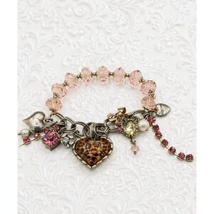 Vintage Betsey Johnson Leopard Heart Charm Bracelet Pink Crystal Locket Rare